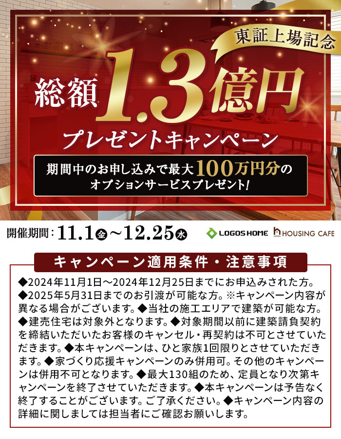 東証上場記念　総額1.3億円プレゼントキャンペーン 期間中のお申し込みで最大100万円分のオプションサービスをプレゼント！ 開催期間11.1（金）〜12.25（水）